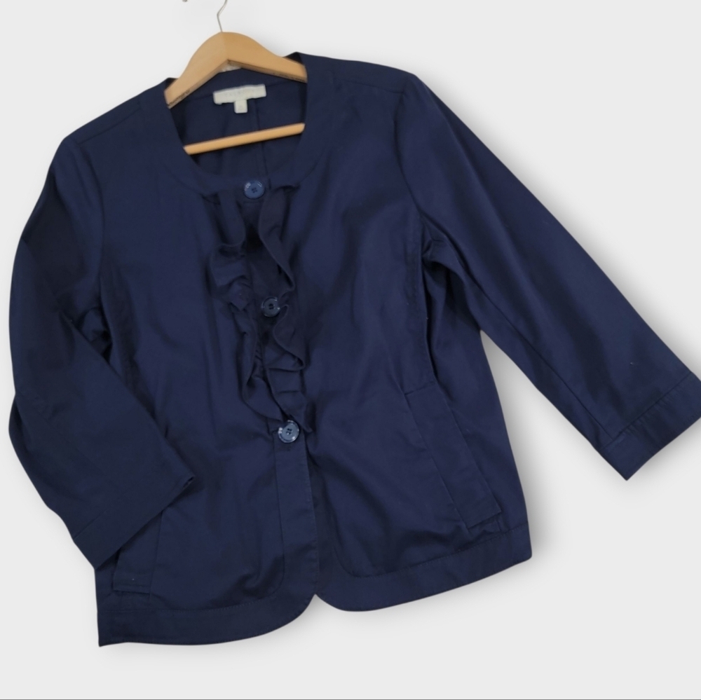 Talbots Blue Blazer Ruffle Button-Up  Jacket Size 10 Cotton Blend